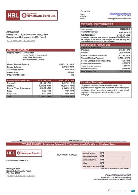 Download Nepal Himalayan Bank mortgage statement Word and PDF template Photoshop template